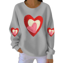 Sweat-shirt femme Saint-Valentin imprimé cœur, col rond côtelé, manches longues