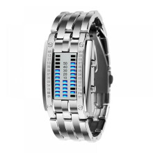 Relógio esportivo feminino binário digital LED Matrix para uso externo, com pulseira de aço inoxidável e mostrador quadrado com iluminação de