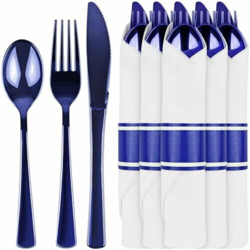 Ensemble de 30 couverts en plastique bleu pré-roulés avec serviettes.