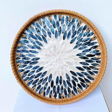 Black Wicker Round Serving Tray with Mother of Pearl 11.8