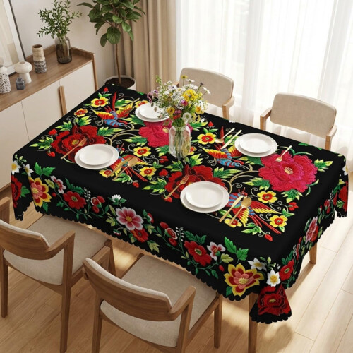 Mexikansk blommig bordsduk marinblå polyester 1
