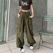 Calça cargo feminina plus size lulshou com bolsos, cor sólida, cintura alta, pernas largas, estilo casual, com cordão.