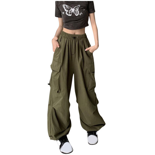 Γυναικείο παντελόνι lulshou Plus Size Cargo με τσέπες, μονόχρωμο, ψηλόμεσο, φαρδύ μπατζάκι, 1