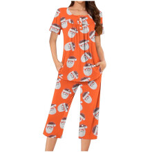 Damen-Pyjama-Set mit weihnachtlichem Cartoon-Print, kurzen Ärmeln und Caprihose, 2-teilig, weich und kuschelig, mit Knopfleiste am Hals, bequemer