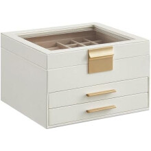 Dreistöckige Schmuckschatulle mit Glasdeckel, zwei Schubladen, Wolkenweiß & Gold, 20,3 x 23,1 x 13,5 cm, moderner Organizer