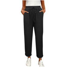 Pantaloni da donna a gamba dritta, tinta unita, vita elasticizzata con coulisse, elasticizzati e con tasche, vestibilità slim, casual, tessuto