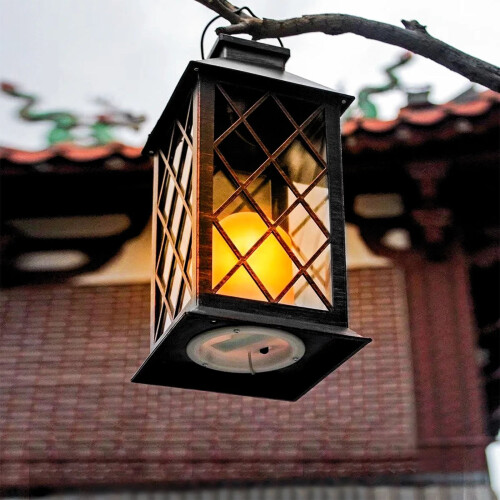 Lanterna solare retrò nera impermeabile con LED tremolante 2