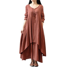 Damenkleider für Winter und Herbst, Übergrößen, Langarm, zweiteilig, Leinen, lockere Ärmel, modisches Kleid in Weinrot (5XL)