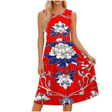 Zomerjurken voor dames: zwierige, casual, mouwloze midi-jurk, boho strandjurk, vakantiejurk met bloemenprint en zakken.