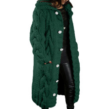 Lange kabelgebreide cardigan met zakken - Dames lange mouw kabelgebreide lange cardigan met open voorkant en knoopsluiting