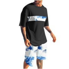 Men's Shorts Sets 2 Piece Outfits Round Neck Printing Sports Slim Elastic Waistband Short Sleeve Round-Neck Blouses