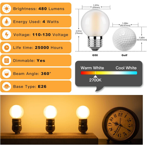 Λαμπτήρας LED JINYUN Dimmable 4W, Ισοδύναμος 40W, Βάση E26, G16.5, 2700K, 480LM, Γυαλιστερός, για