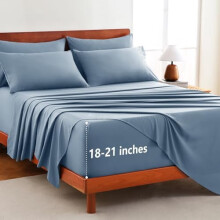 Extra diepe hoeslakenset voor queensize bed, 6-delig, geschikt voor matrassen tot 53 cm dik, ademend en met een veilige pasvorm, stoffig blauw