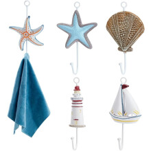 PH5pcs Crochets muraux nautiques décoratifs de plage, porte-serviettes, crochet en bois et fer en forme d'étoile de mer pour salle de bain,