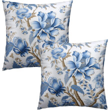Kussenhoes met blauw-wit bloemen- en bladmotief, 50x50 cm, set van 2.