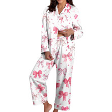 Gemütliches Damen-Pyjama-Set zum Valentinstag – Weiches 2-teiliges Set mit Schleifenmuster, langärmeliges Oberteil und Hose, Loungewear mit