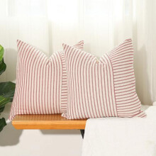 Kerstkussenhoezen 18x18 cm, rood gestreepte linnen kussenhoezen set van 2 voor bank, stoel, bed – Kerst/winterdecoratie