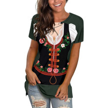 Oktoberfest-Sommer-T-Shirt aus Polyester-Spandex mit Blumenmuster für Damen, lockere Passform, Grün, passend zu allen Freizeitoutfits