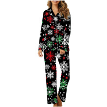 Conjunto de pijama navideño para mujer: cuello en V, manga larga, top y pantalón a juego, pijama festivo suave y elástico, tallas grandes S-2XL,