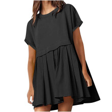 Damklänning med pullover, kortärmad, lös, böljande, veckad sommarminiklänning
