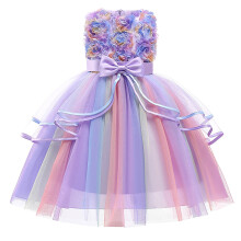 Rochie de seară cu imprimeu floral și imprimeu floral pentru fete, model nou, din tul curcubeu, pentru copii, model prințesă, fără bretele, cu