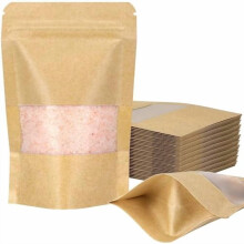 Bolsas con base plana, paquete de 50 bolsas de papel kraft con ventana mate y muesca de fácil apertura, resellables para pequeños negocios y uso