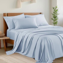 6-teiliges Queen-Size-Bettwäscheset, Bambus-Viskose, tiefe Taschen (40 cm), atmungsaktiv und weich, seidig-weiche Hotelbettwäsche, Himmelblau