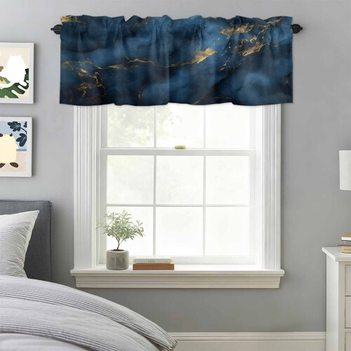 Navy Blue Valance with Gold Stripe and Marble Texture