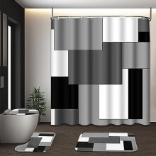 Ensemble rideau de douche géométrique gris noir blanc 4 pièces