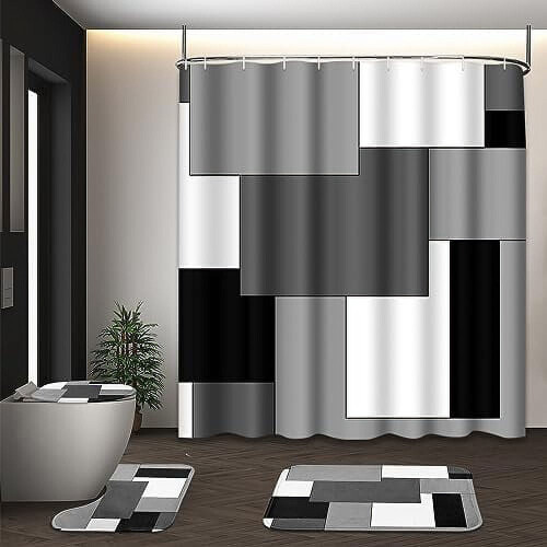 Ensemble rideau de douche géométrique gris noir blanc 4 pièces