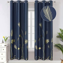 Thermal Insulated Blackout Curtains 42x72", Navy Blue, Gold Leaf & Wheat Print, for Living Room/Sliding Door, 2 Panels