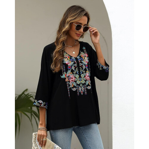 Γυναικεία μπλούζα με κέντημα σε boho στυλ, μεξικάνικα χωριάτικα πουκάμισα με 2