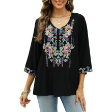 Boho-bestickte Damen-Tops, 3/4-Ärmel, mexikanische Bauernblusen, lockere Tunikablusen im Bohème-Stil