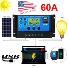 Controlador de carga solar 30A/60A 12V/24V Automático, USB duplo, LCD, parâmetros ajustáveis e temporizador, tela retroiluminada – Compatível
