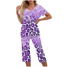 Dames casual losse nachtkleding set - Top met V-hals en print, korte mouwen + capri broek met elastische taille en zijzakken | S-2XL | Pyjama set