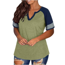 T-shirts à manches courtes pour femmes, color block, col en V, grandes tailles, basiques, hauts d'été, blouses