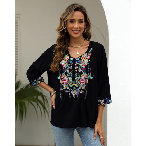 Γυναικεία μπλούζα με κέντημα σε boho στυλ, μεξικάνικα χωριάτικα πουκάμισα με 1