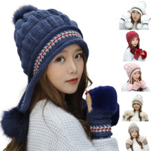 2-teiliges Set Wintermützen für Damen, Damen-Wintermütze, Damen-Winterhandschuhe ohne Finger, Damen-Strickmütze, Fäustlinge