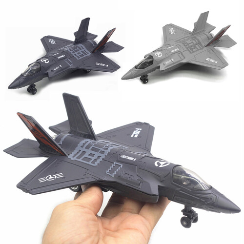 Rygai Stor Legering Pull Back F-35 Jagerflymodel Musik LED Flylegetøj Gave, Sort