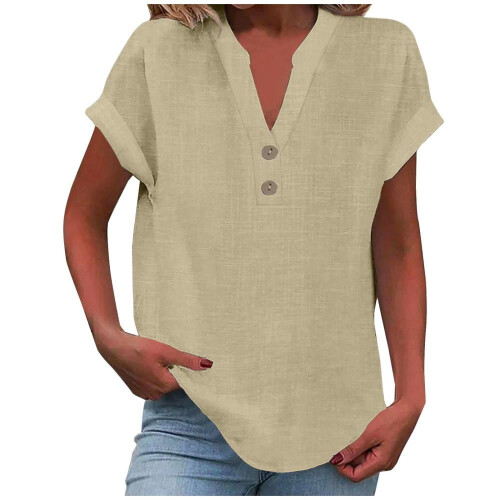 VERUGU Γυναικεία Μπλούζα με Κοντομάνικα, V-Neck, Βαμβακερά, Λινά Πουκάμισα,