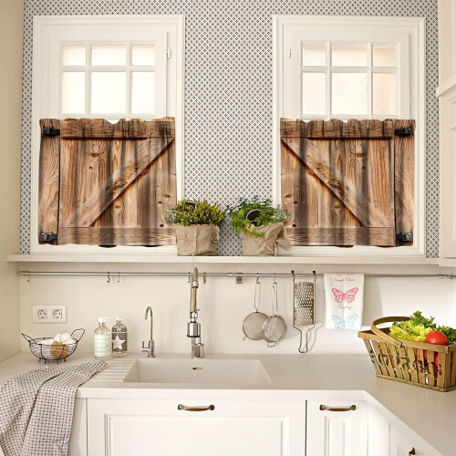 Brown rustic wood valance curtains 3-piece set 1