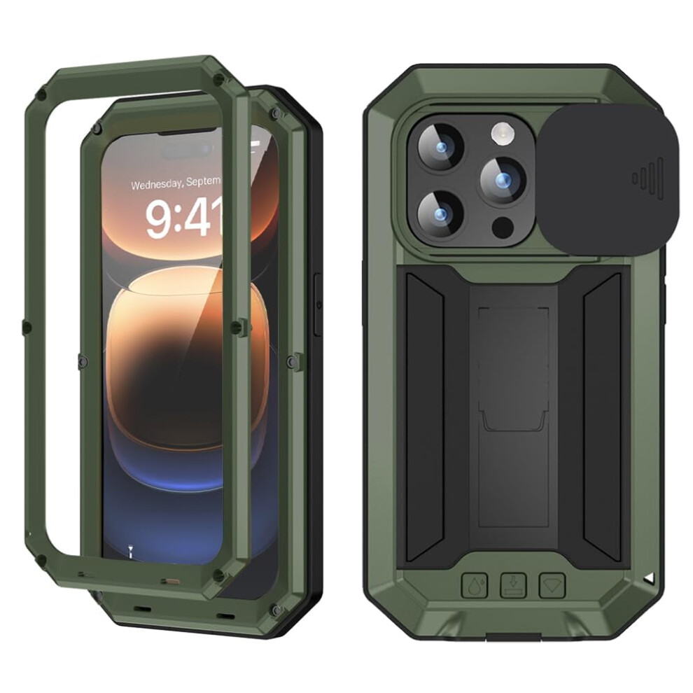 Compatible With Iphone 16 Pro Max Metal Case W/ Slide Camera Cover, Built-In Screen Protector, Kickstand, Military-Rugged Hybrid Armor 9448990343485