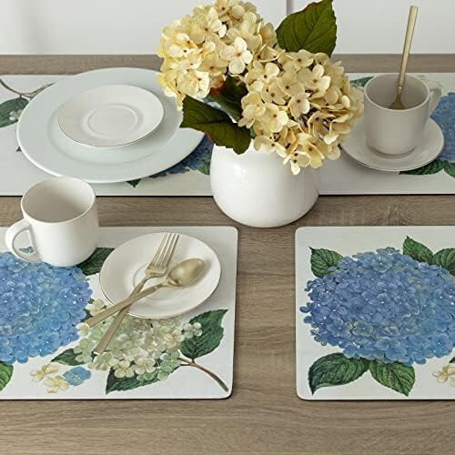 Cork Placemats Set of 4, 12"x16" Rectangular, Hydrangea Floral, Easy Clean, Thick for Kitchen & Dining Tables 2