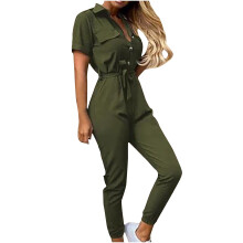 Macacão feminino lulshou, modelo casual de cor sólida com lapela e mangas curtas, na cor verde (tamanho XL).