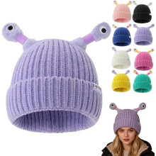 Bonnet monstre de dessin animé, bonnet tricoté monstre lumineux - Tentacules rétractables, bonnet d'hiver mignon et amusant (violet, 1 pièce)