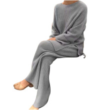 Komplet swetrów damskich, dwuczęściowy, elegancki sweter z dzianiny z długimi spodniami, swobodny zestaw do domu i wypoczynku, szary