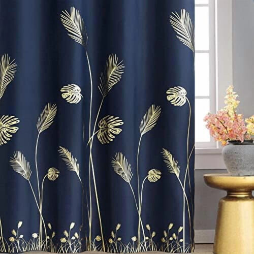 Blackout Curtains Navy Blue Gold Palm Pattern 38x72 Inch 2 1
