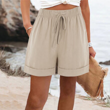 Saldi estivi! Pantaloncini di lino da donna, estivi casual, larghi, con tasche, coulisse in vita elasticizzata, pantaloni corti beige L