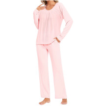 2-delige damespyjamaset, loungeset met ronde hals, top met lange mouwen, taillebroek met zakken, maten S-3XL