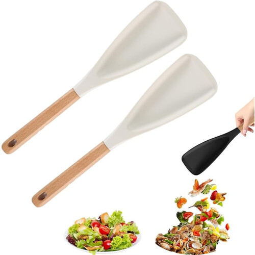 Conjunto de 2 colheres de silicone – Cabeça de silicone resistente ao calor e cabo de madeira, ideais para mexer, pegar e servir; compatíveis com
